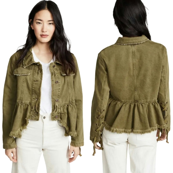 Free People Willow Frayed Hem Peplum Denim Jacket In Moss - Picture 14 of 16